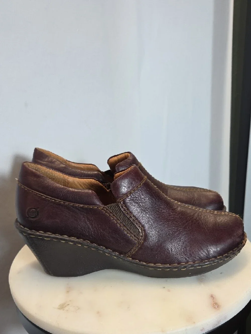 Born Women's Burgundy Leather Wedge Clogs Size 10